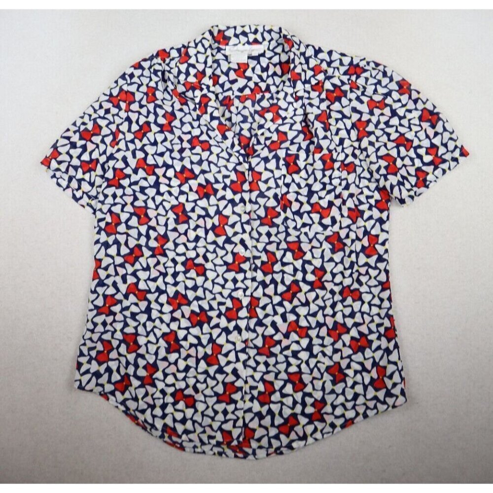 VINTAGE WOMEN'S RED WHITE BLUE SHORT SLEEVE SILKY TEXTURED BLOUSE - SHAPELY - 8